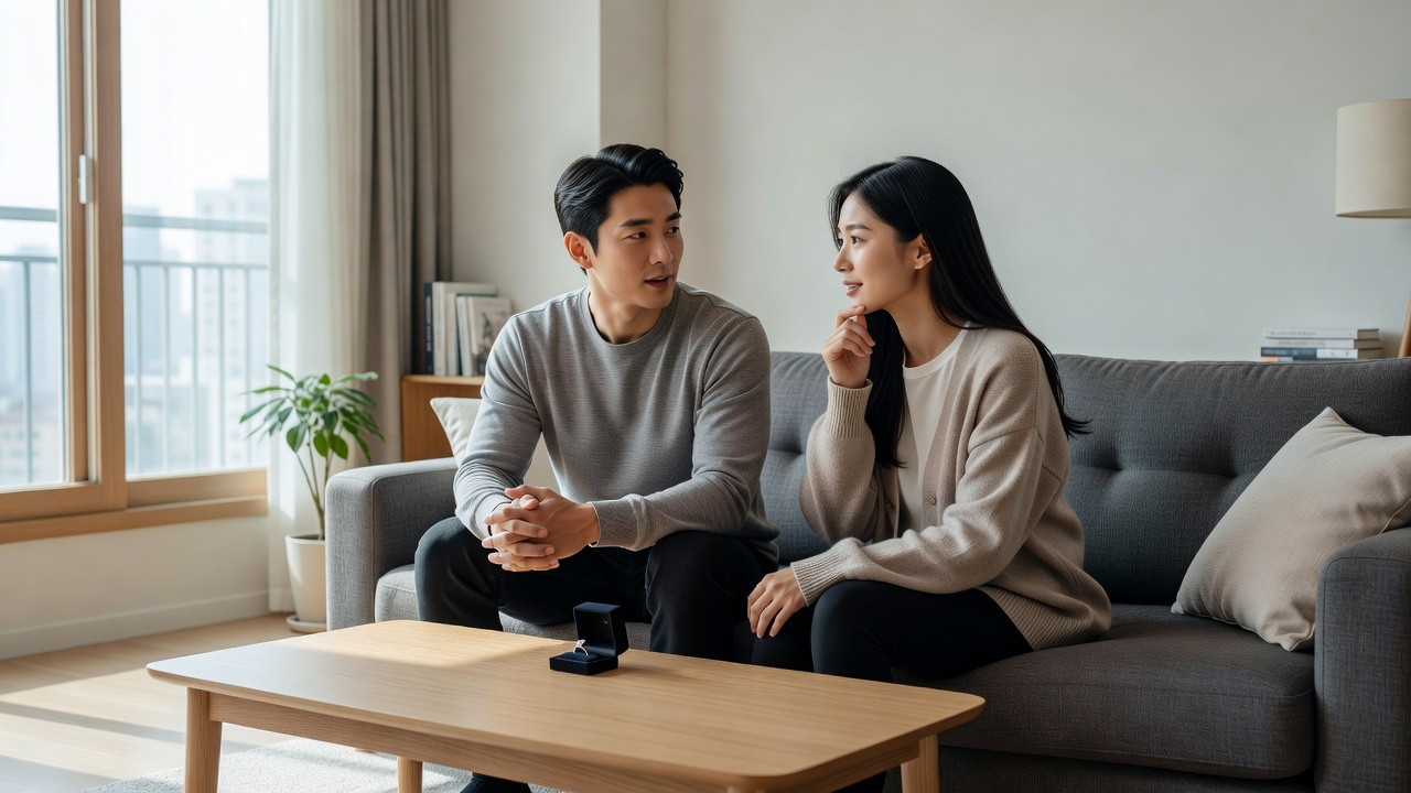 결혼준비 첫 단계로 프로포즈 후 대화하는 커플